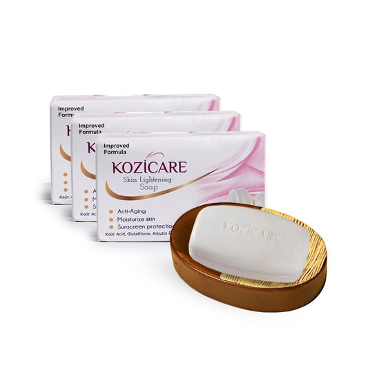 Kozicare Skin Lightening Soap (Pack of 3) with Acrylic Floor Soap Holder | Soap Combo Pack Offer | Bathroom Accessories- Infused with Kojic Acid, Arbutin, Vitamins C & E, and Glutathione (PU)