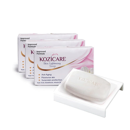 Kozicare Skin Lightening Soap (Pack of 3) with Acrylic Floor Soap Holder | Soap combo pack offer | Bathroom accessories- Infused with Kojic Acid, Arbutin, Vitamins C & E, and Glutathione