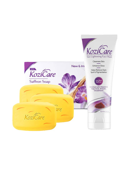 Kozicare 3 Skin Whitening Soap Saffron & 1 Saffron Kojic Acid Face Wash | Soaps for Bath | Body Tan Removal Soap & Detan Soap | Bath Soap Combo Offers | Cleanser for Face | Acne Face Wash | Skin Care