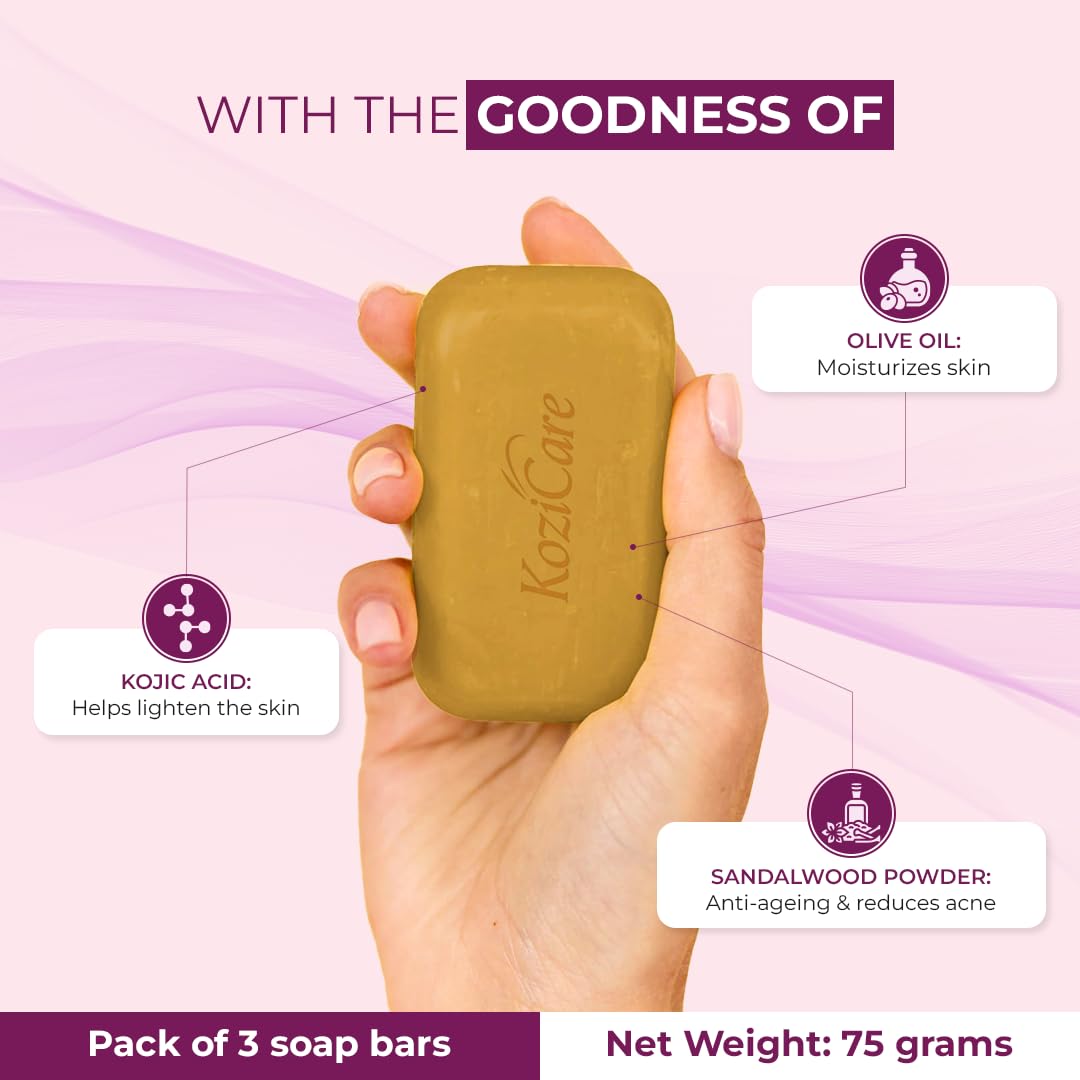 Kozicare Kojic Acid Soap & Glutathione Soap | Sandal Soap | Body Tan Removal Soap & Detan Soap | Sandalwood Ghar Ka Soap | Natural Soap | Soaps for Bath | Bath Soap Combo Offers - Pack of 3