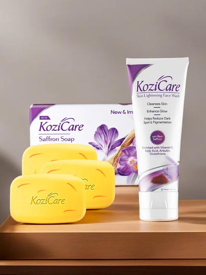 Kozicare 3 Skin Whitening Soap Saffron & 1 Saffron Kojic Acid Face Wash | Soaps for Bath | Body Tan Removal Soap & Detan Soap | Bath Soap Combo Offers | Cleanser for Face | Acne Face Wash | Skin Care