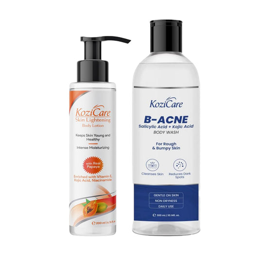 Kozicare B - Acne Body Wash & Papaya Body Lotion Combo| 2% Salicylic Acid Body Wash For Women & Men - 300Ml |Tan Removal| Shea Butter Body Lotion | Niacinamide & Vitamin E Moisturizer For Body - 200Ml