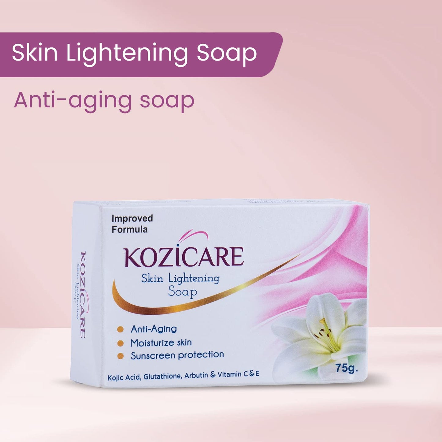 Kozicare Skin Lightening Soap with 0.50% Kojic Acid,0.50% Arbutin, 0.50% Vitamin C, 0.50% Vitamin E, 0.30% Glutathione |Sun screen protection |keeps your skin young and moisturised - 75g (Pack of 9)