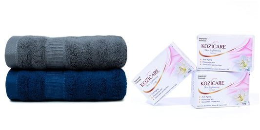 Kozicare Skin Lightening Soap (pack of 3) and Microfiber Bath Towel Set for Daily Skincare | Soap combo pack offer | Bathroom accessories | bath towel and soaps for men and women (mush)