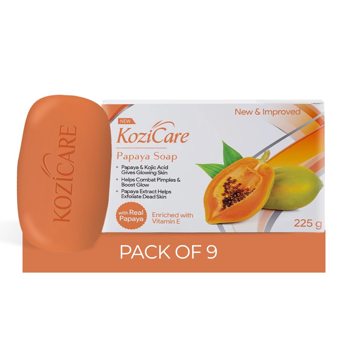 Kozicare Papaya Soap | Dark Spot Remover & Glowing Skin | Kojic Acid, Olive Oil & Papaya Extract | Moisturizing for Face & Body | Natural Brightening Papaya Soap for Men & Women – 75gm (Pack of 9)