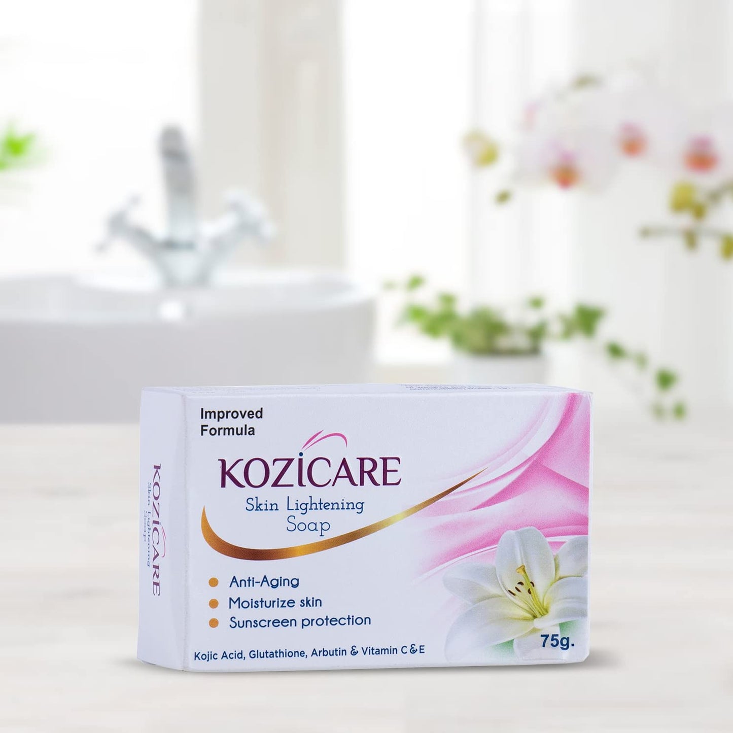 Kozicare Skin Lightening Soap, 75g (Pack of 6) Sunscreen Protection Keeps Skin Young and Moisturized Contains Goodness of 0.50% Kojic Acid, 0.50% Arbutin, 0.50% Vitamin C, 0.50% Vitamin E, 0.30% Glutathione