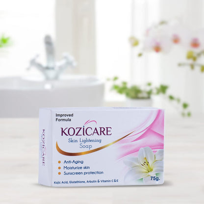 Kozicare Skin Lightening Soap with 0.50% Kojic Acid,0.50% Arbutin, 0.50% Vitamin C, 0.50% Vitamin E, 0.30% Glutathione |Sun screen protection |keeps your skin young and moisturised - 75g (Pack of 9)