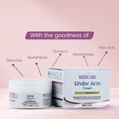 Kozicare Under Arm Cream with 1% Gotu Kola,0.01% Glutathione, 1% Niacinamide,0.01% Kojic Acid For Remove Black Spots & Warts - 50gm (Pack of 2)