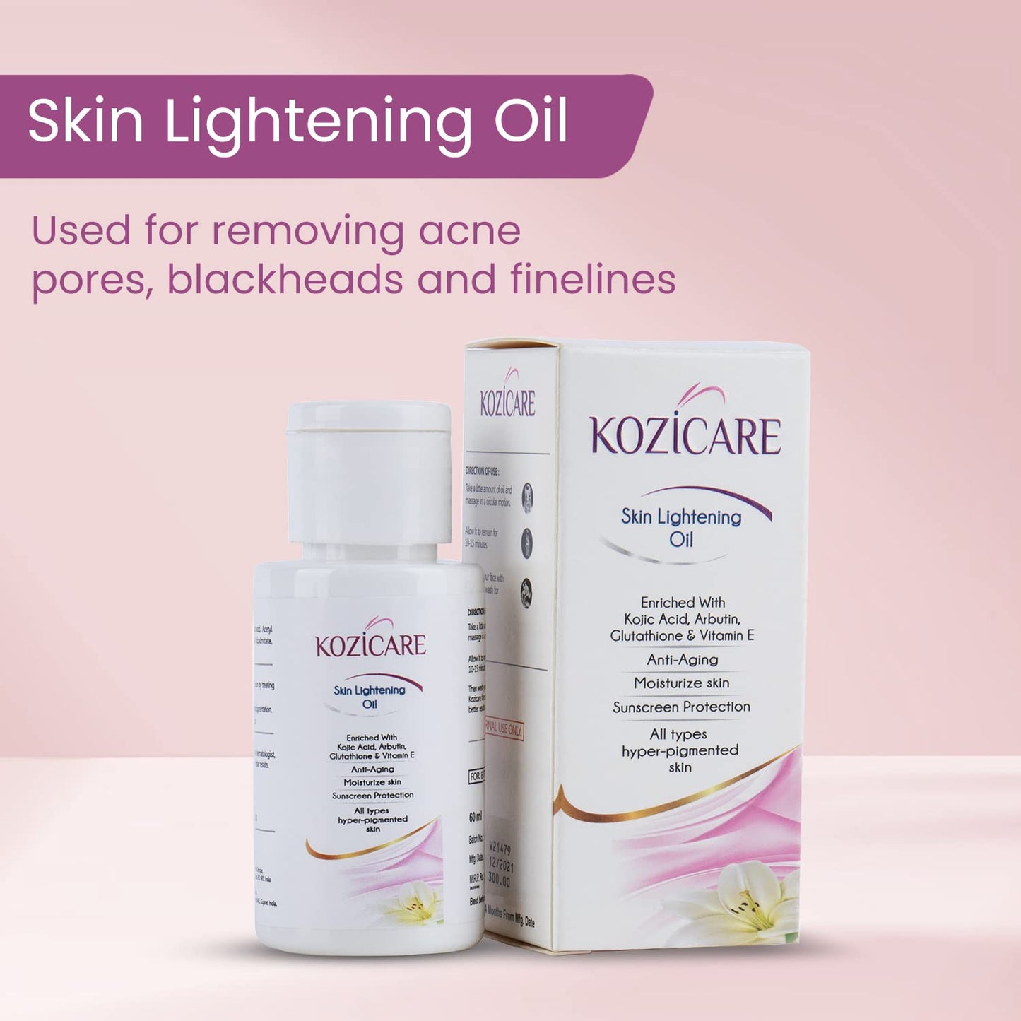 Kozicare Skin Lightening Fairness Oil with 1% Kojic Acid, 1% Glutathione | Helps in Deep Cleaning Action | Reduces Hyperpigmentation | Provides Younger Skin - 60ml (Pack of 2)