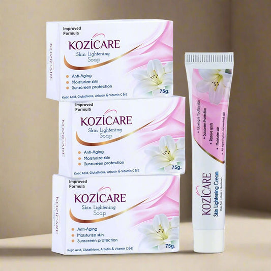 Kozicare Skin Lightening Facial Kit | 3 Soap + 1 Cream Pack | For Lightening & Brightening Skin | Contains Goodness of Kojic Acid, Arbutin, Glutathione