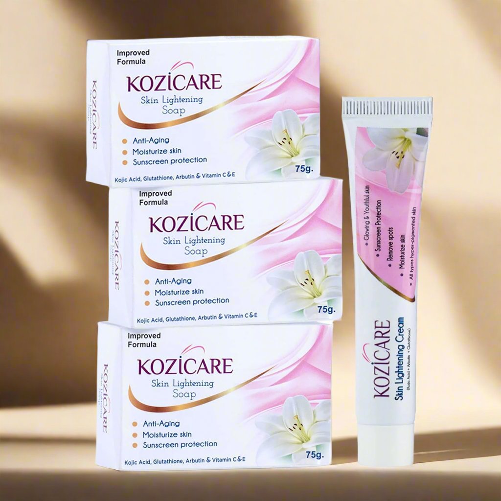 Kozicare Skin Lightening Facial Kit | 3 Soap + 1 Cream Pack | For Lightening & Brightening Skin | Contains Goodness of Kojic Acid, Arbutin, Glutathione