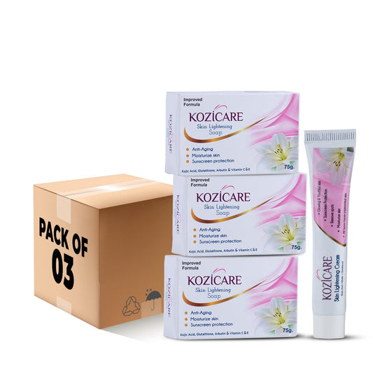 Kozicare Skin Lightening Facial Kit | 3 Soap + 1 Cream Pack | For Lightening & Brightening Skin | Contains Goodness of Kojic Acid, Arbutin, Glutathione (Pack of 3)