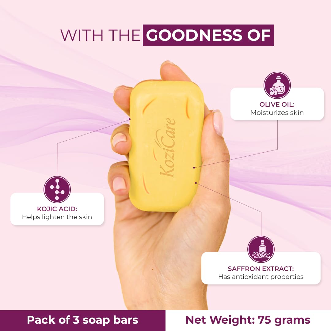 Kozicare Saffron Soap | Skin Brightening & Dark Spot Remover | Real Saffron, Olive Oil, and Kojic Acid Formula - Pack of 6 | For Face & Body | Smooth, Acne, Scars, Uneven Skin Tone