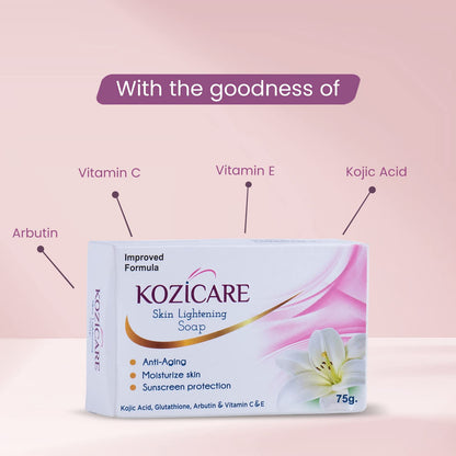 Kozicare Skin Lightening Soap - 75gm | Sun Screen Protection | Contains Goodness Of 0.50% Kojic Acid, 0.50% Arbutin, 0.50% Vitamin C, 0.50% Vitamin E, 0.30% Glutathione