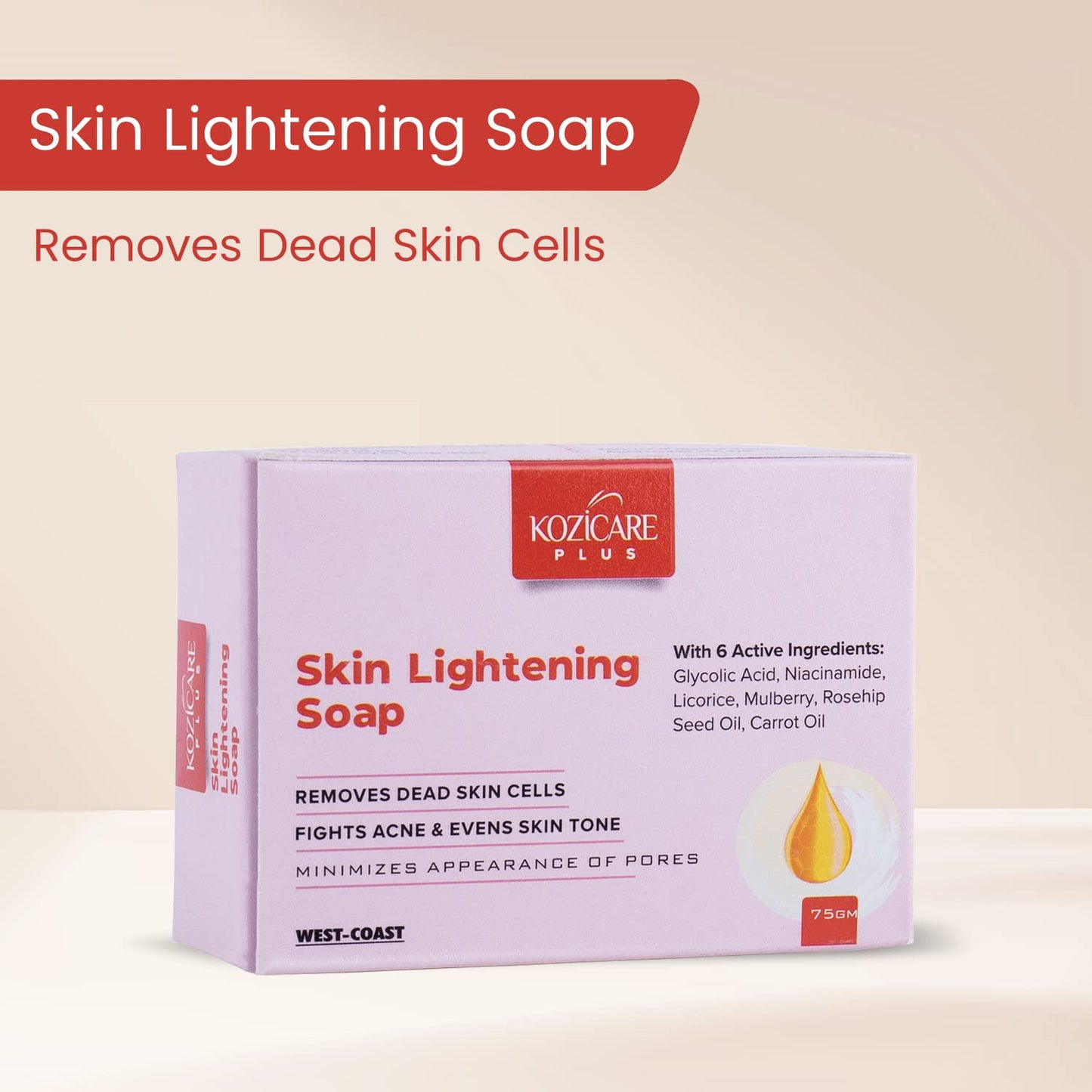 Kozicare Plus Skin Lightening Soap with Kojic Acid 2.5%, Glutathione 1%, Arbutin 1.5%, Vitamin C 2%, Vitamin E, Vitamin A, Licorice 2%, Glycolic Acid 3%, Rosehip Oil, Niacinamide 1% - 75gm (Pack of 9)