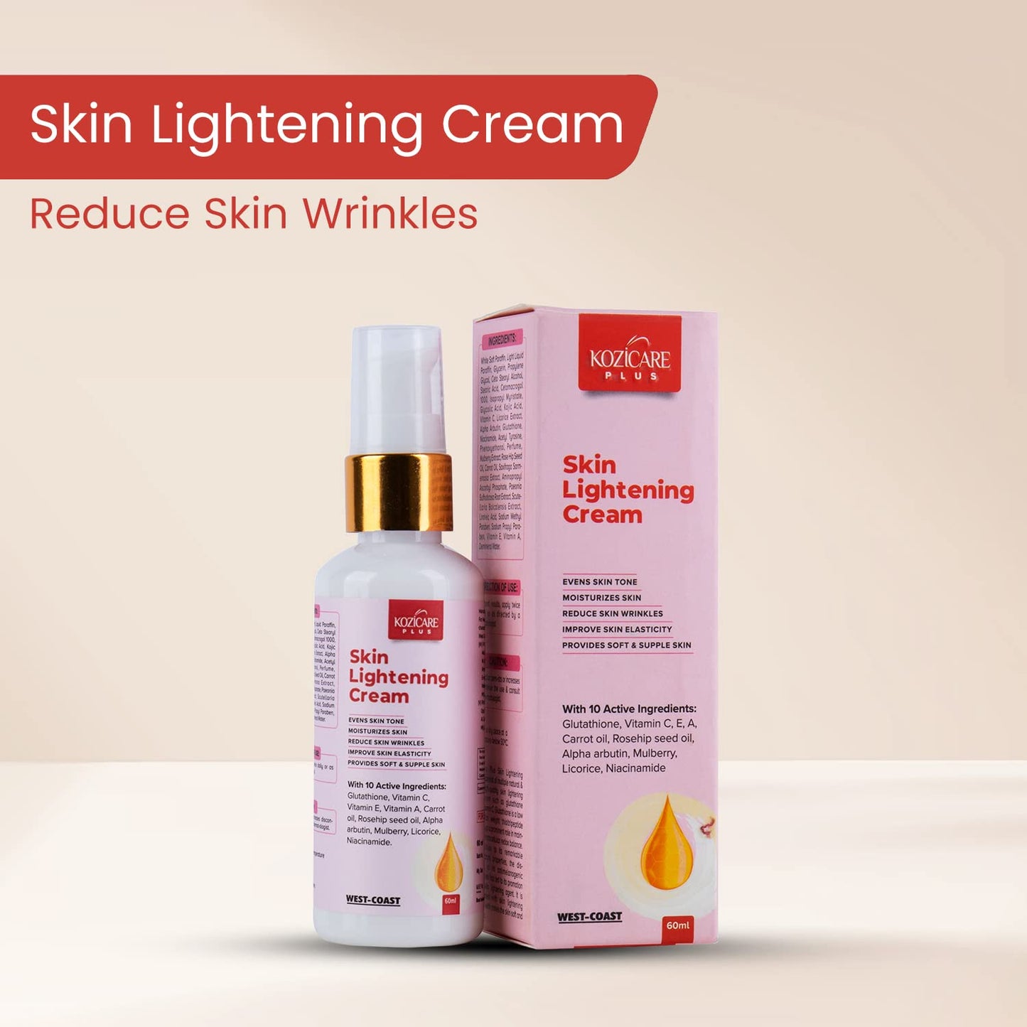 Kozicare Plus Skin Lightening Cream with Kojic Acid 2.5%, Glutathione 1%, Vitamin C 2%, Vitamin A, Carrot Oil 0.5%, Rosehip Oil 0.5%, Arbutin 1.5%, Mulberry 0.5%, Licorice 2% & Niacinamide 1% - 60ml