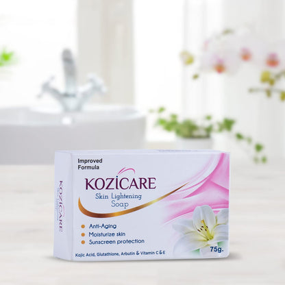 Kozicare Skin Lightening Soap, 75g (Pack of 6) Sunscreen Protection Keeps Skin Young and Moisturized With 0.50% Kojic Acid, 0.50% Arbutin, 0.50% Vitamin C, 0.50% Vitamin E, 0.30% Glutathione