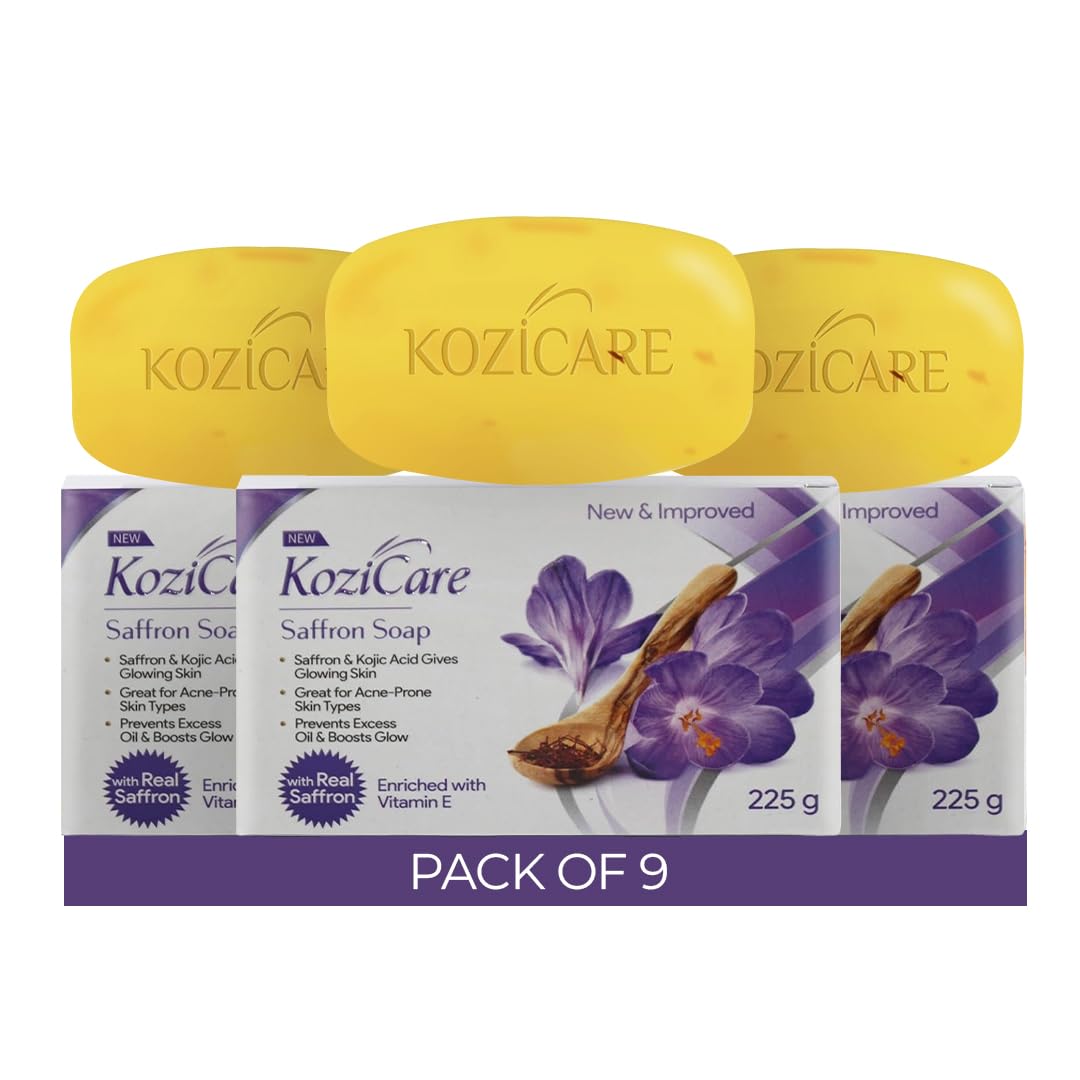 Kozicare Saffron Soap | Skin Brightening & Dark Spot Remover | Real Saffron, Olive Oil, and Kojic Acid Formula | For Face & Body | Smooth, Acne, Scars, Uneven Skin Tone | - 75gm (Pack of 9)