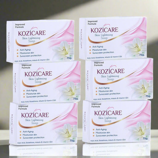 Kozicare Skin Lightening Soap, 75g (Pack of 6) Sunscreen Protection Keeps Skin Young and Moisturized Contains Goodness of 0.50% Kojic Acid, 0.50% Arbutin, 0.50% Vitamin C, 0.50% Vitamin E, 0.30% Glutathione