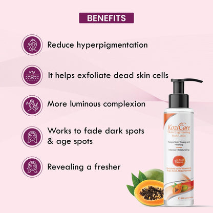 Kozicare Papaya Lightening/Brightening Body Lotion with Papaya, Kojic Acid, Vitamin E, Shea Butter, Niacinamide| Deeply Hydrates and Brightens Skin| For All Skin Types – 200ml