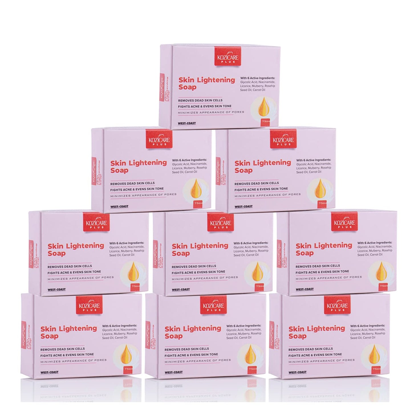 Kozicare Plus Skin Lightening Soap with Kojic Acid 2.5%, Glutathione 1%, Arbutin 1.5%, Vitamin C 2%, Vitamin E, Vitamin A, Licorice 2%, Glycolic Acid 3%, Rosehip Oil, Niacinamide 1% - 75gm (Pack of 9)