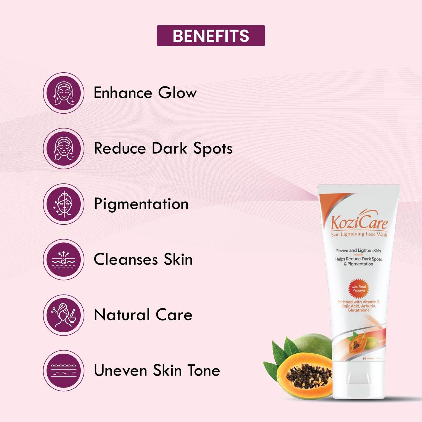 Kozicare Skin Lightening/Brightening Papaya Detan Facewash with Papaya, Kojic Acid, Vitamin E, Glutathione, Lactic Acid, Olive Oil | Reduce Dark Spots, Pigmentation and Oil | All Skin Types - 100ml