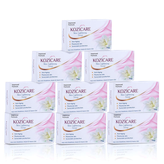 Kozicare Skin Lightening Soap with 0.50% Kojic Acid,0.50% Arbutin, 0.50% Vitamin C, 0.50% Vitamin E, 0.30% Glutathione |Sun screen protection |keeps your skin young and moisturised - 75g (Pack of 9)